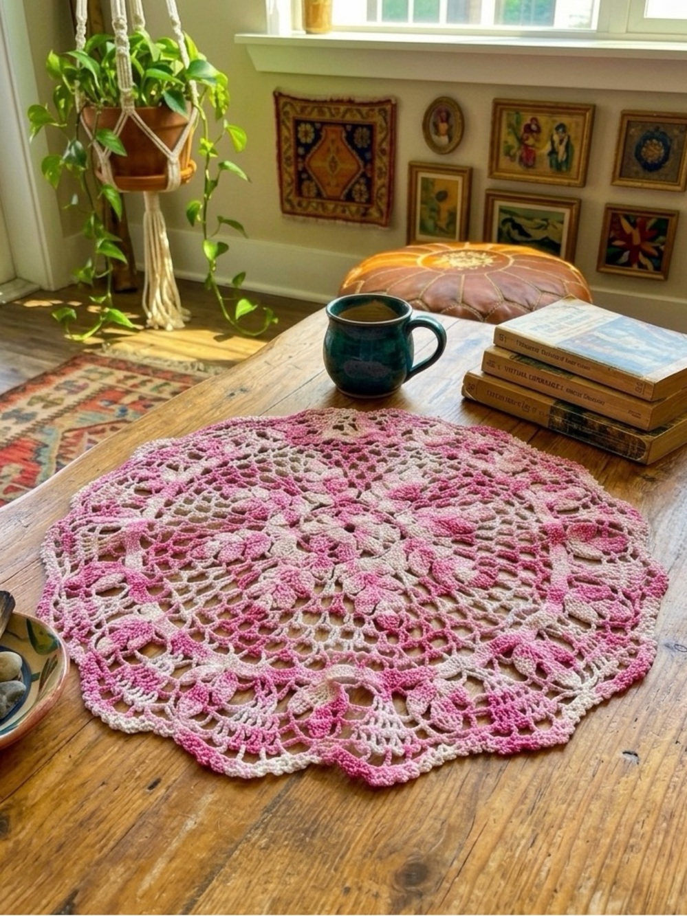 Vintage Whimsical Pink Colorful Crochet Doily Round 70’s Boho Hippie Cottage